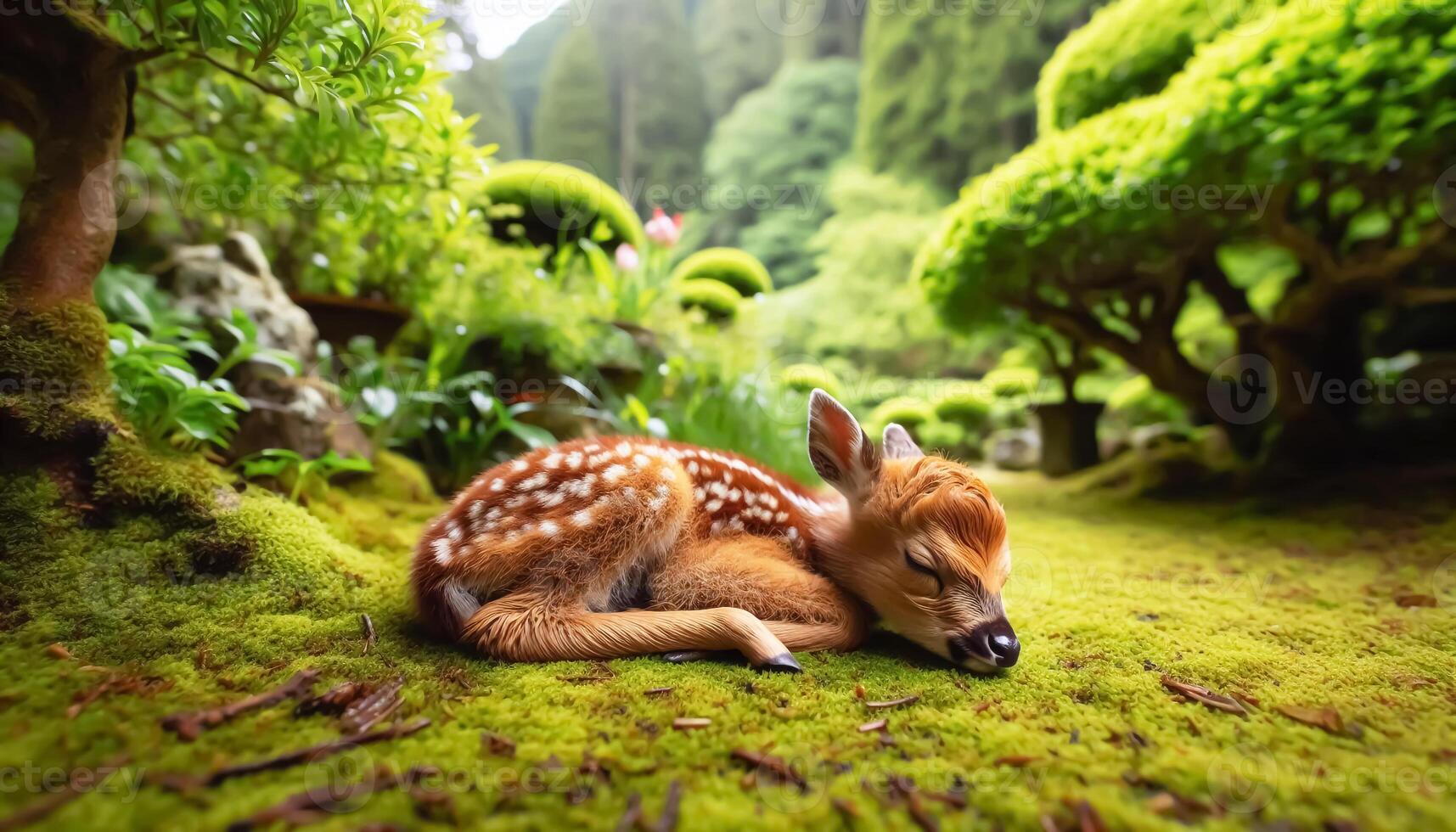 Baby deer sleeping peacefully on the ground photo