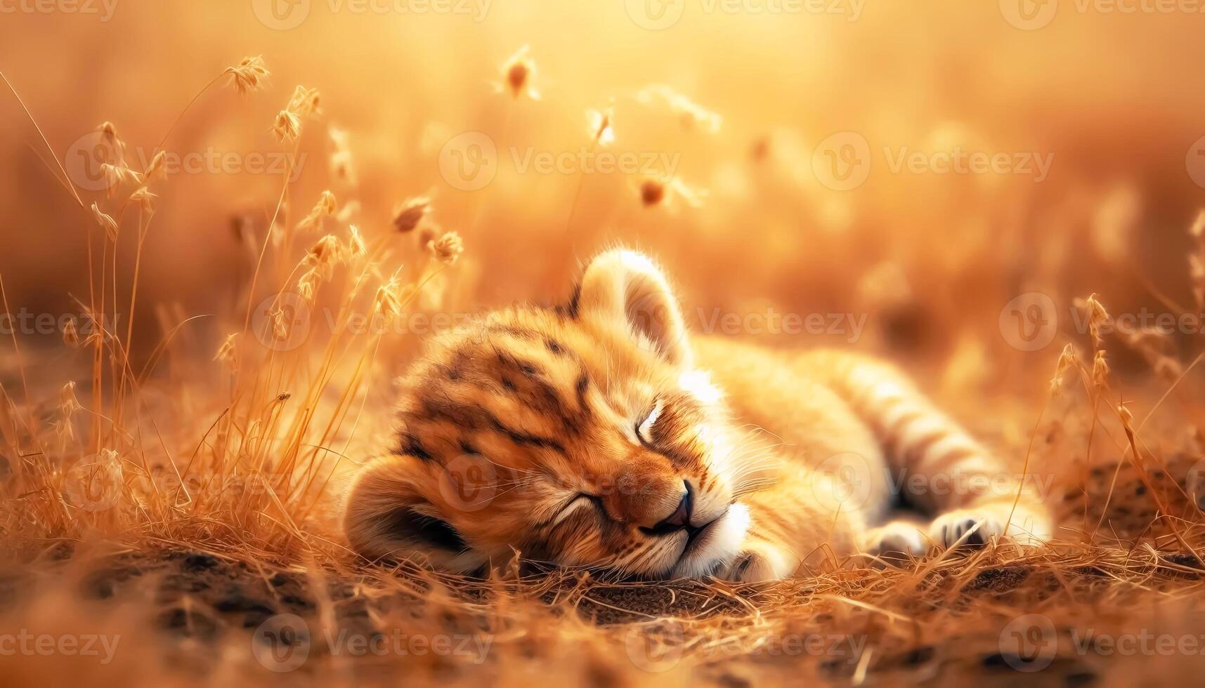 Little lion sleeping peacefully on the ground photo