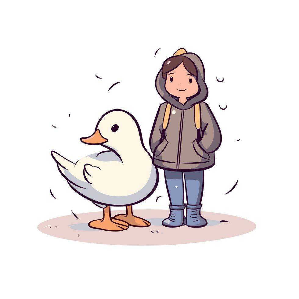 Child and duck enjoying a playful moment outdoors vector
