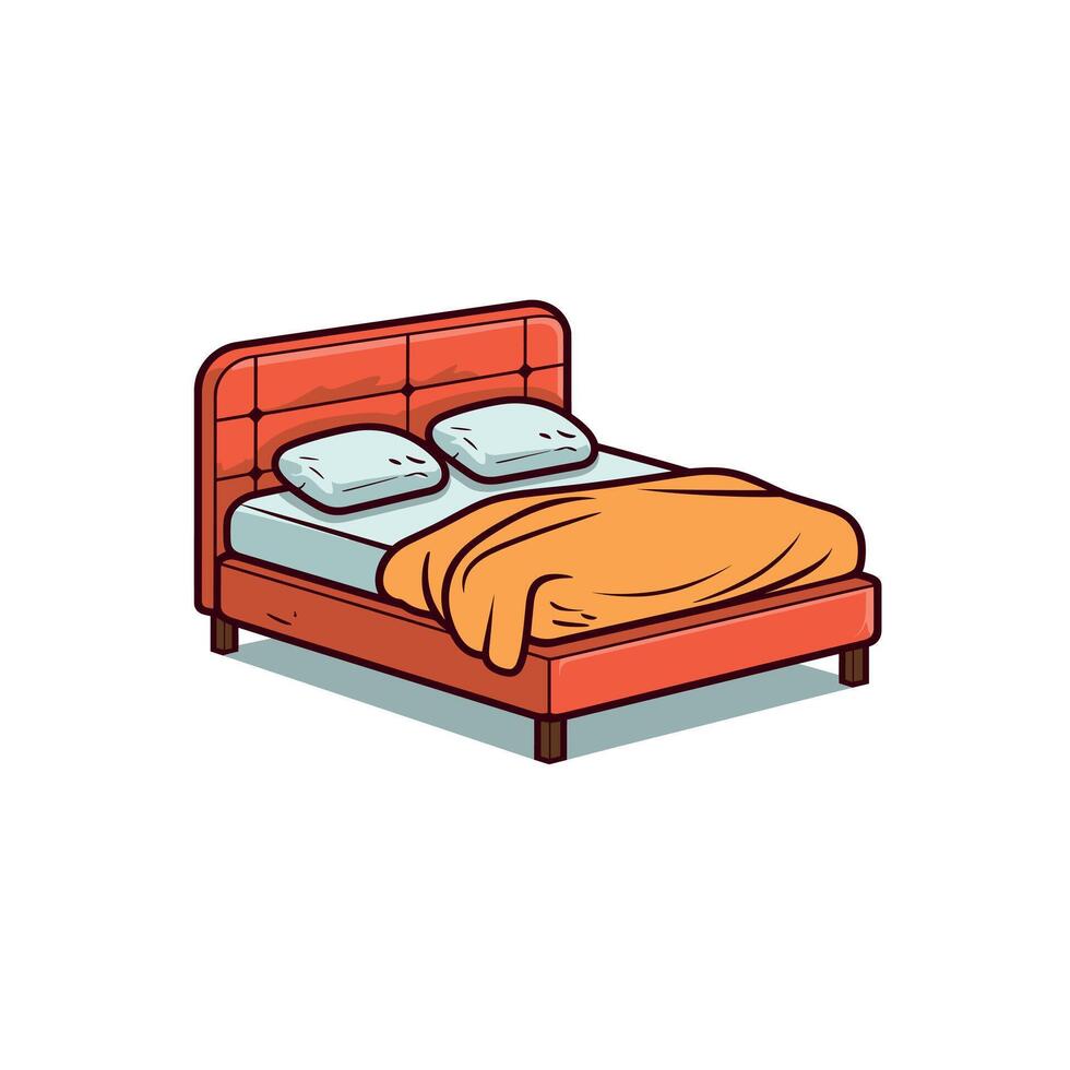 Cozy orange bed with fluffy pillows and blanket vector
