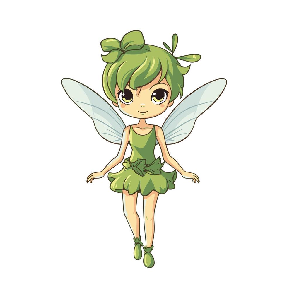 Magical fairy with green hair and wings in a playful pose vector