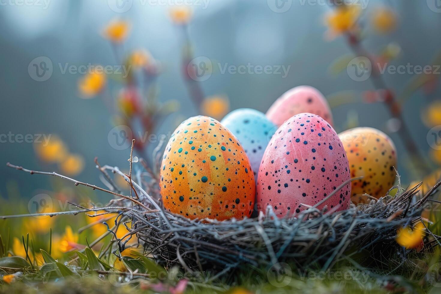 A nest filled with colorful Easter eggs lying in the grass photo