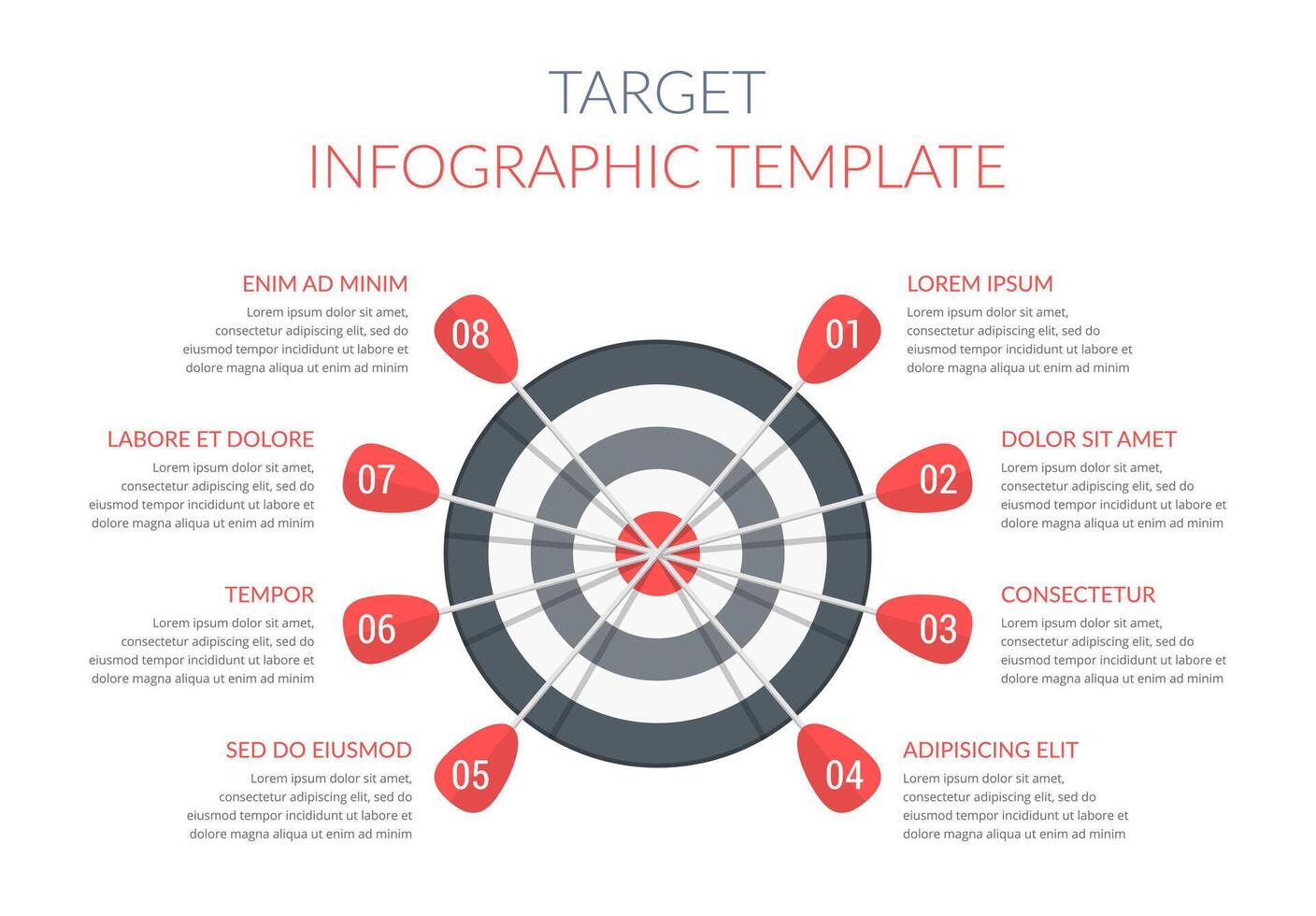 Target with eight arrows with numbers and text, infographic template, vectpr eps10 illustration vector