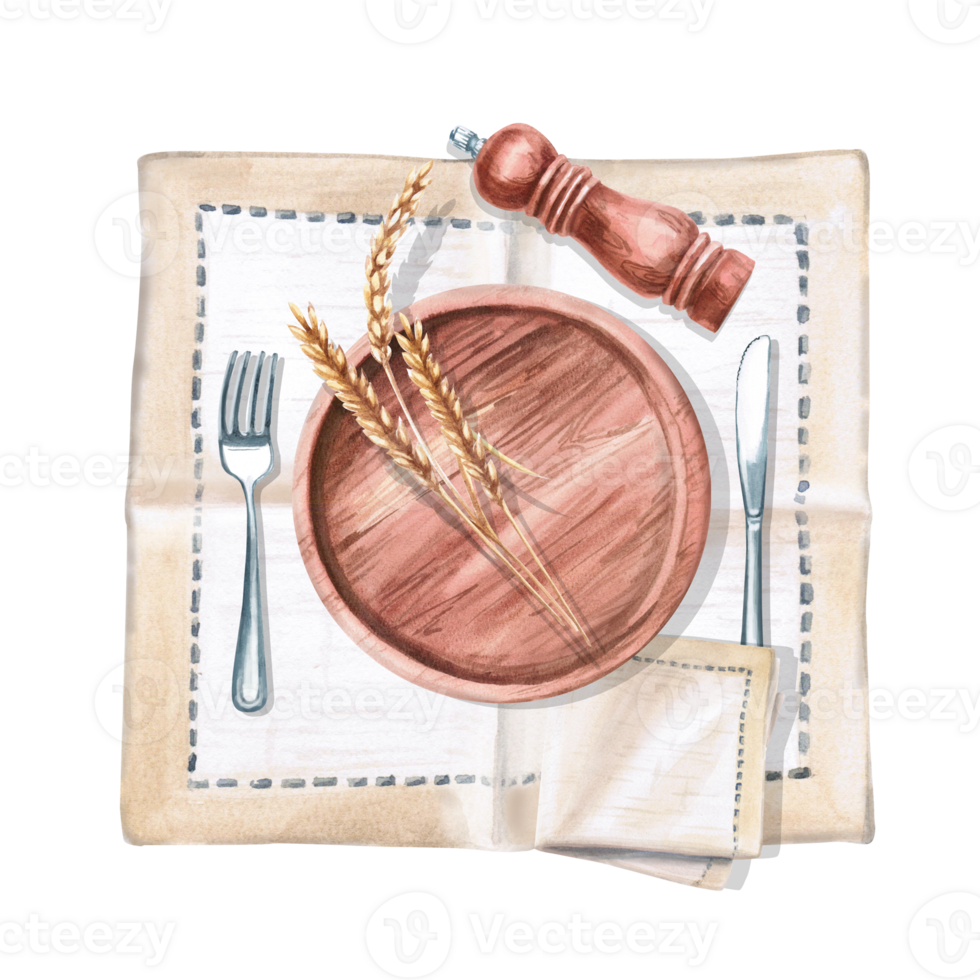 Serving set with wooden plate, spice mill and wheat ears. Isolated watercolor illustration for restaurant menu design, gastronomic magazines, posters, festival flyers. png