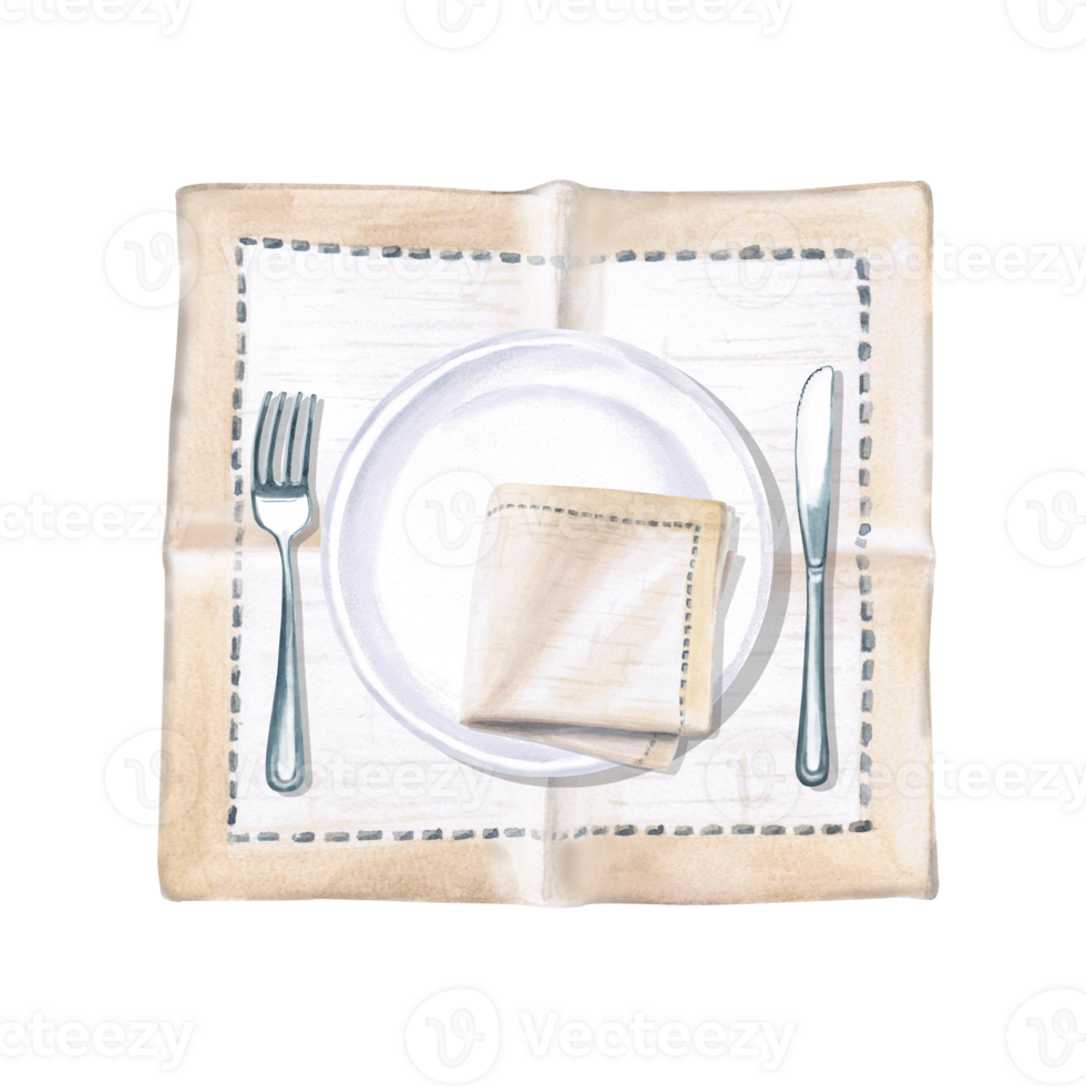 Serving set with folded napkin on plate with cutlery. Isolated watercolor illustration for restaurant menu design, gastronomic magazines, posters, festival flyers. png