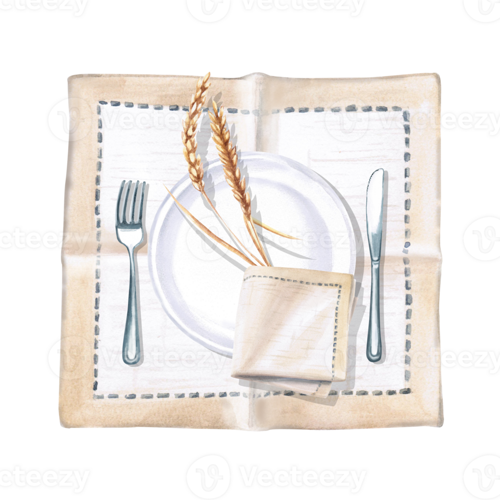 Serving set with folded napkin on plate and ears of wheat. Isolated watercolor illustration for restaurant menu design, gastronomic magazines, posters, festival flyers. png