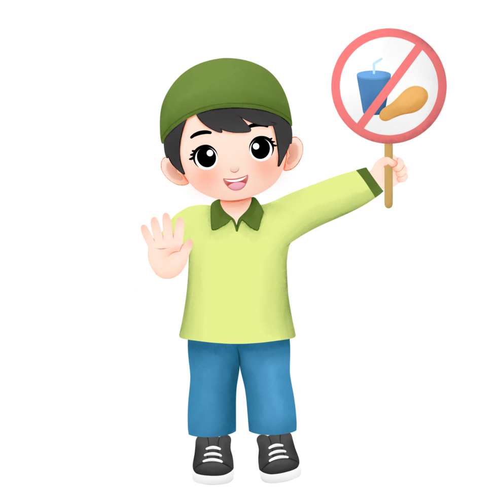 cheerful muslim kid celebrate ramadan watercolor illustration, no eating sign with stop gesture png