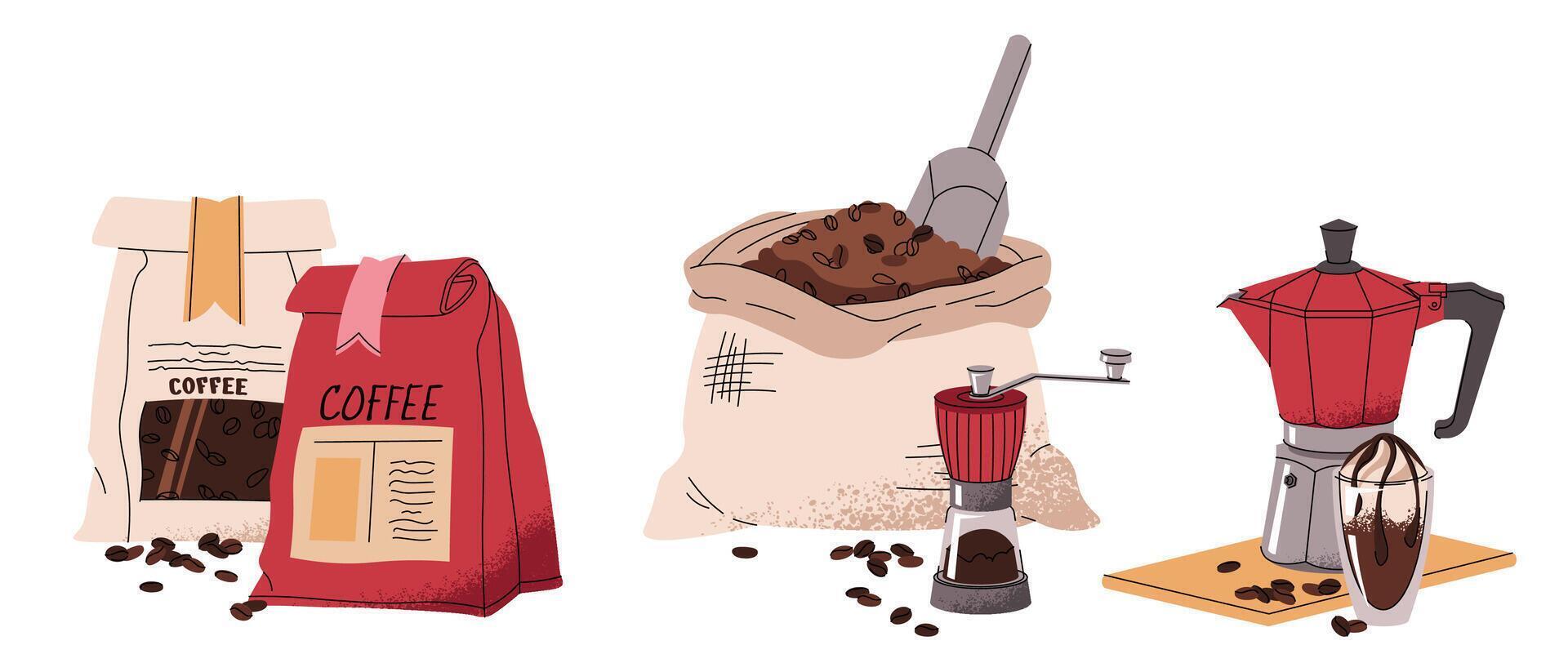 Set of illustrations of a bag of coffee and a moka pot in a flat doodle style. Coffee drink. Coffee break. Tasty composition for a menu, sticker, postcard, etc. vector