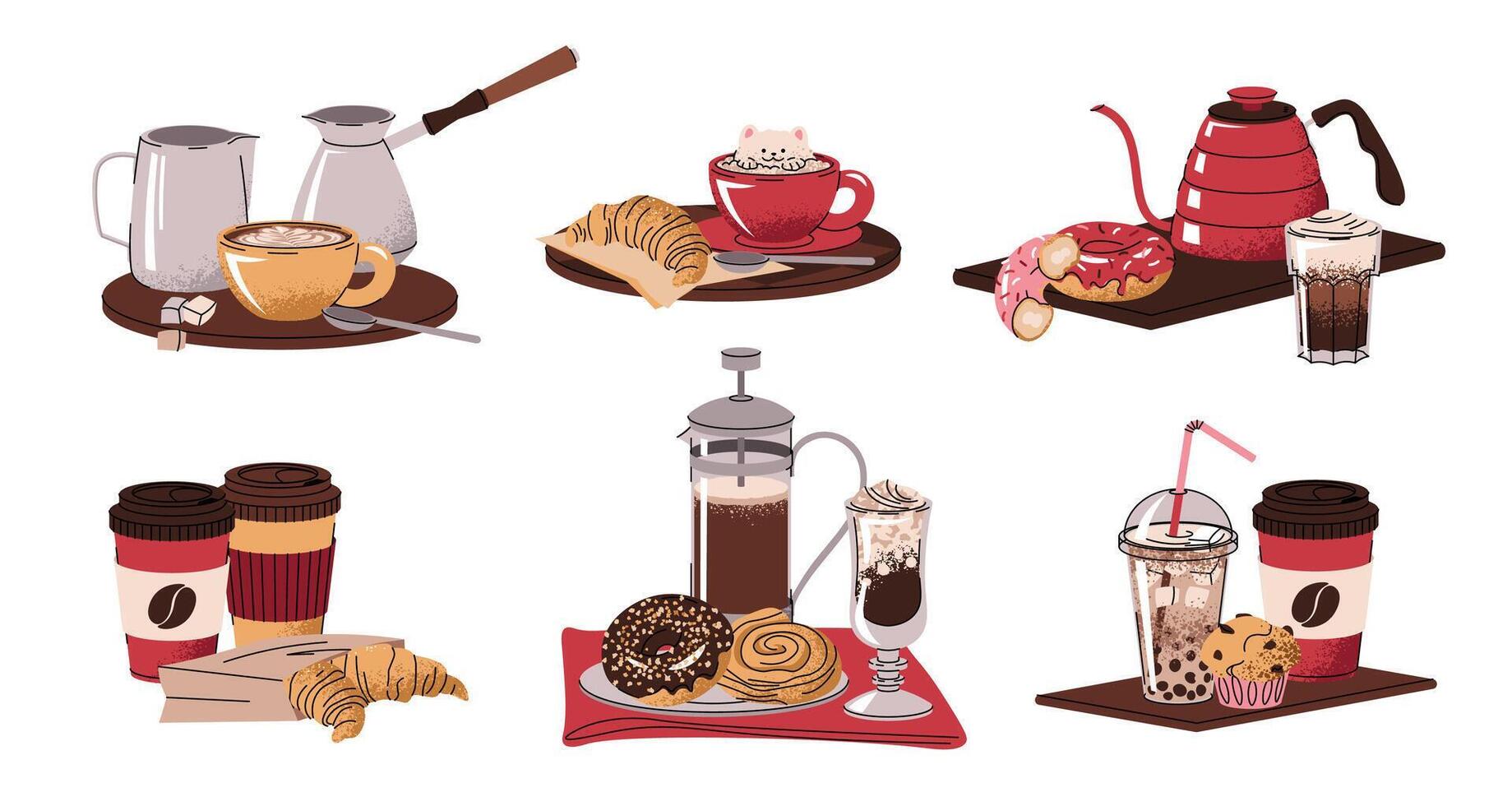Set of illustrations of breakfast with coffee in flat doodle style. Coffee drink with dessert. Coffee break. Tasty composition for menu, sticker, postcard, etc. vector