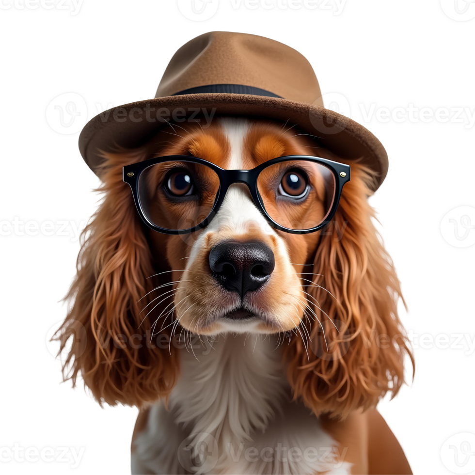 Spaniel Dog with Hat and Glasses Pet Transparent Background png