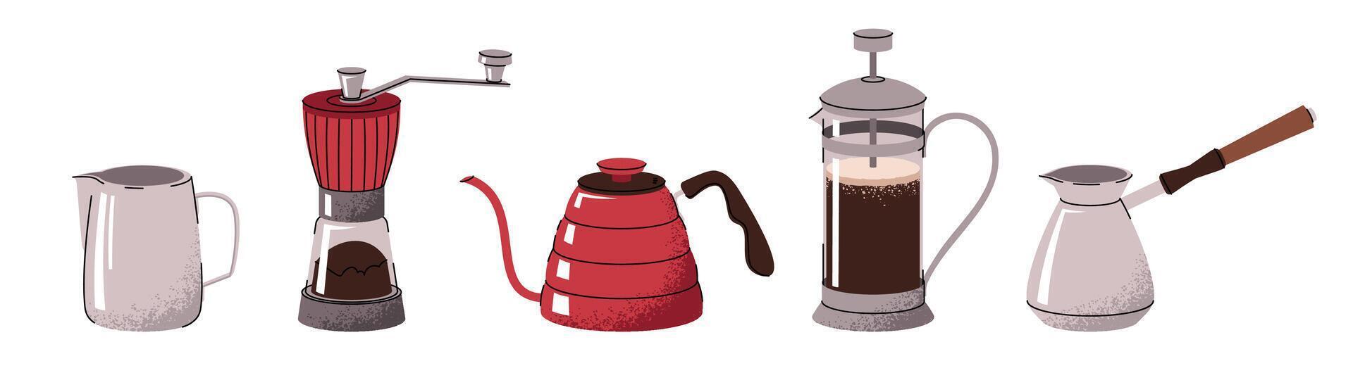 Barista tool set. Appliances for making hot coffee drinks in cartoon style. Flat illustrations isolated on white background vector