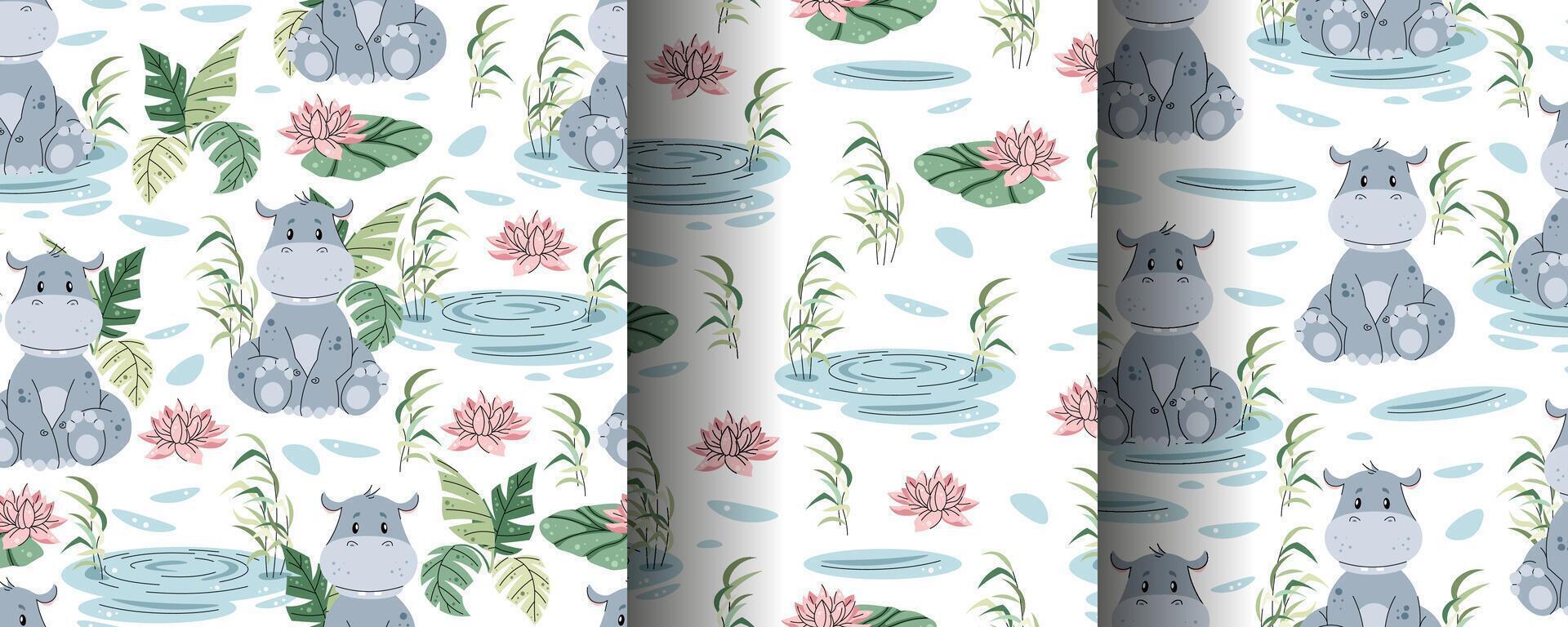 Seamless pattern with African animals. Cute children s texture with hippopotamus in a pond with lily. illustration for children s wallpapers, backgrounds, fabric, etc. vector