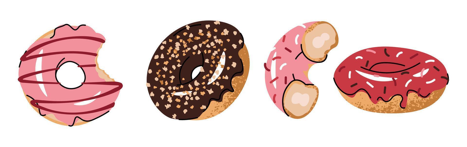 Set of delicious donuts covered with glaze and sprinkles. Delicious dessert for snack, breakfast, lunch in flat cartoon style. vector
