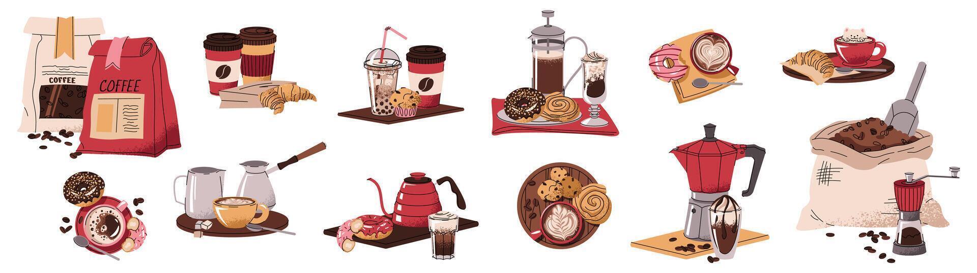 Set of illustrations of breakfast with coffee in flat doodle style. Coffee drink with dessert. Coffee break. Tasty composition for menu, sticker, postcard, etc vector
