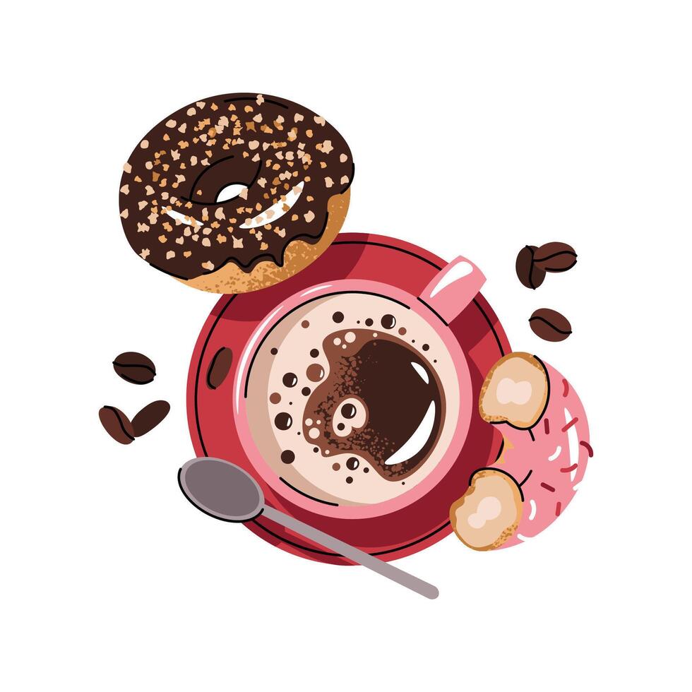Cup of coffee with donut in flat cartoon style. Delicious coffee drink with dessert. Breakfast composition, top view for menu, sticker, postcard, etc. vector