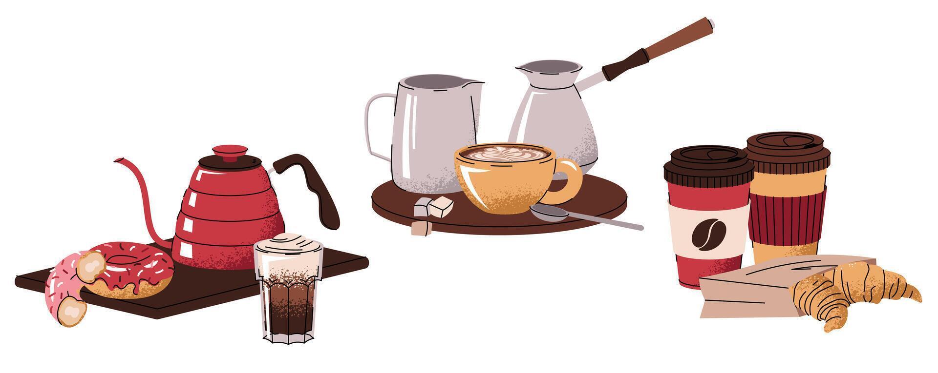 Set of illustrations of a perfect breakfast. Coffee drink with dessert in flat cartoon style. Tasty composition for menu, sticker, postcard, etc vector