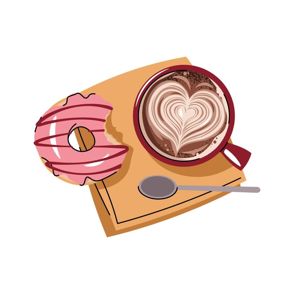 Cup of coffee with donut in flat cartoon style. Delicious coffee drink with heart pattern and dessert. Breakfast composition, top view for menu, sticker, postcard, etc vector