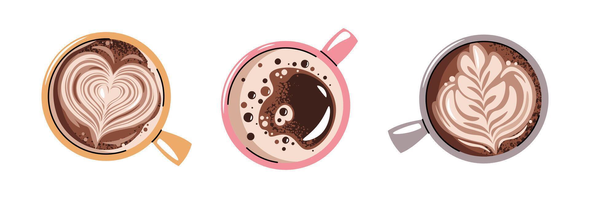 Set of coffee cups, top view. Latte, cappuccino, americano. Hot coffee drink with pattern in mug. Flat cartoon illustration on white background vector