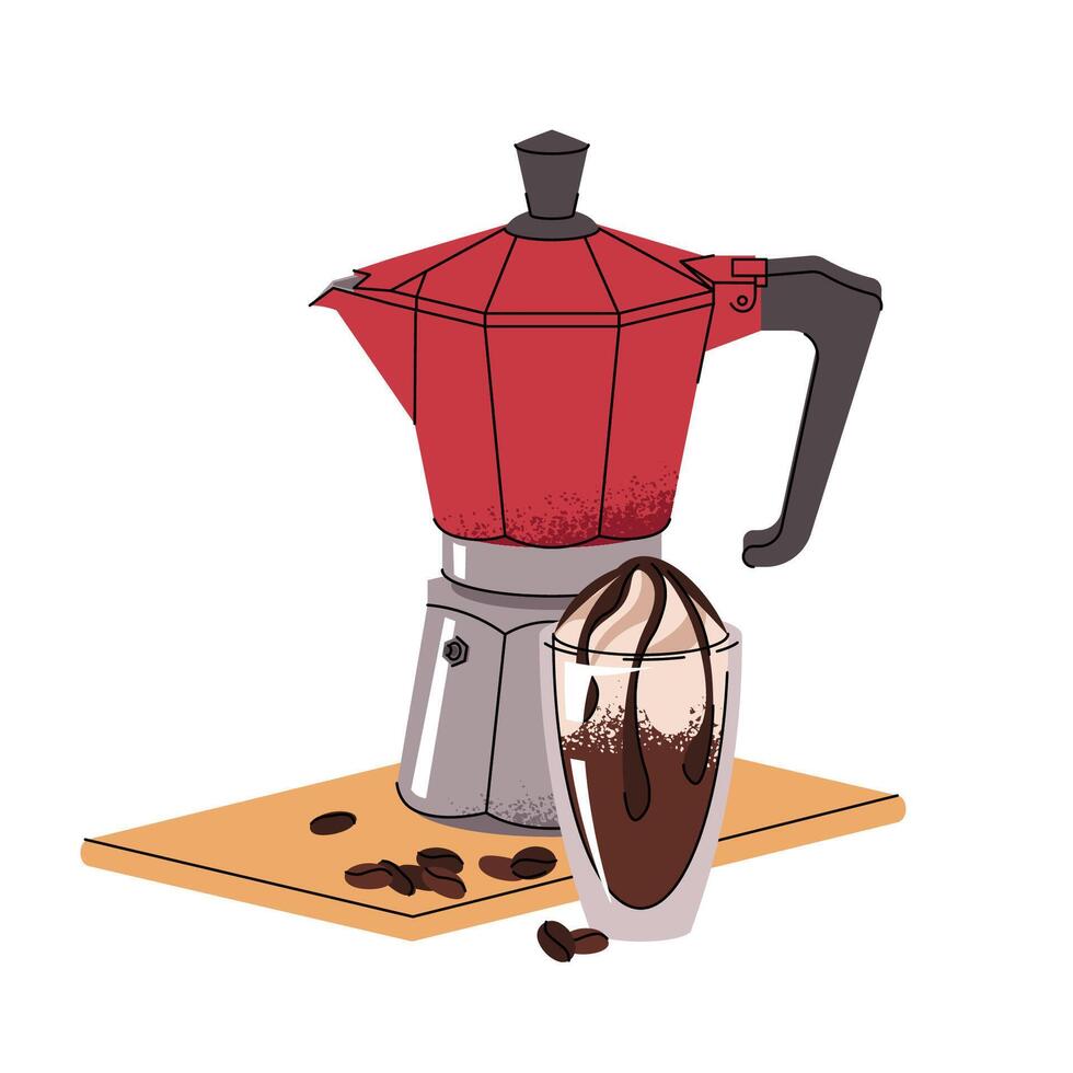 Moka pot with coffee drink and coffee beans on isolated background. composition of breakfast, lunch in flat cartoon style. Coffee time, coffee break. vector