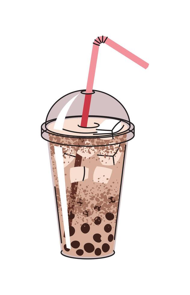 Bubble milk tea in a plastic cup with a straw. Delicious drink with tapioca and milk. Flat cartoon illustration isolated on white background vector