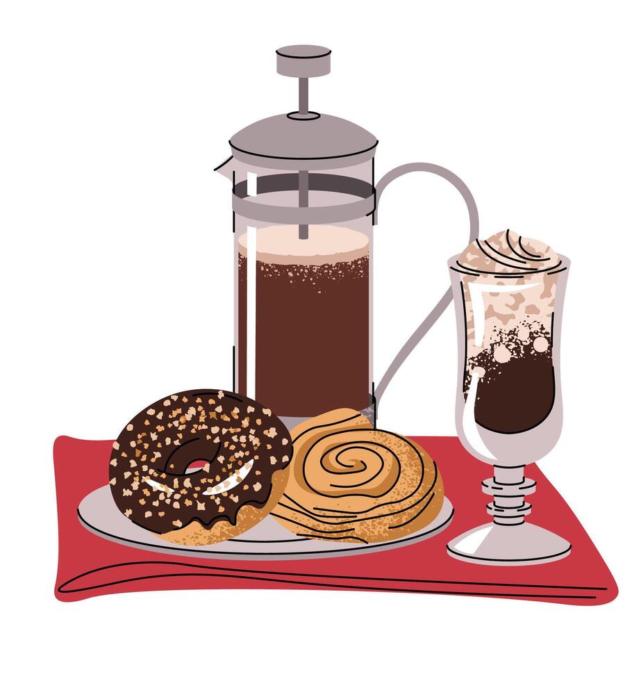 Coffee drink, french press, donut and bun on isolated background. composition of breakfast, lunch in flat cartoon style. Coffee time, coffee break. vector
