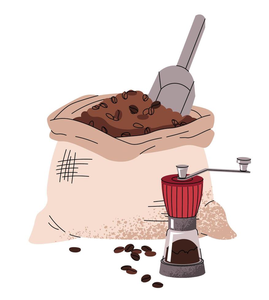 Coffee bag with grinder in flat cartoon style. Coffee beans in canvas sack. Composition for menu, sticker, postcard, etc. vector