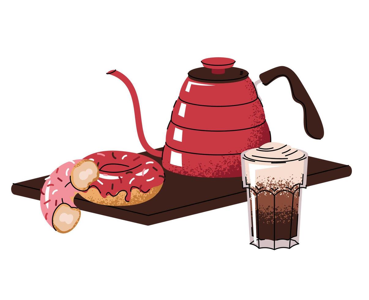 Coffee pot with coffee and glazed donut. Coffee drink with dessert in flat cartoon style. Delicious composition for menu, sticker, postcard, etc. vector