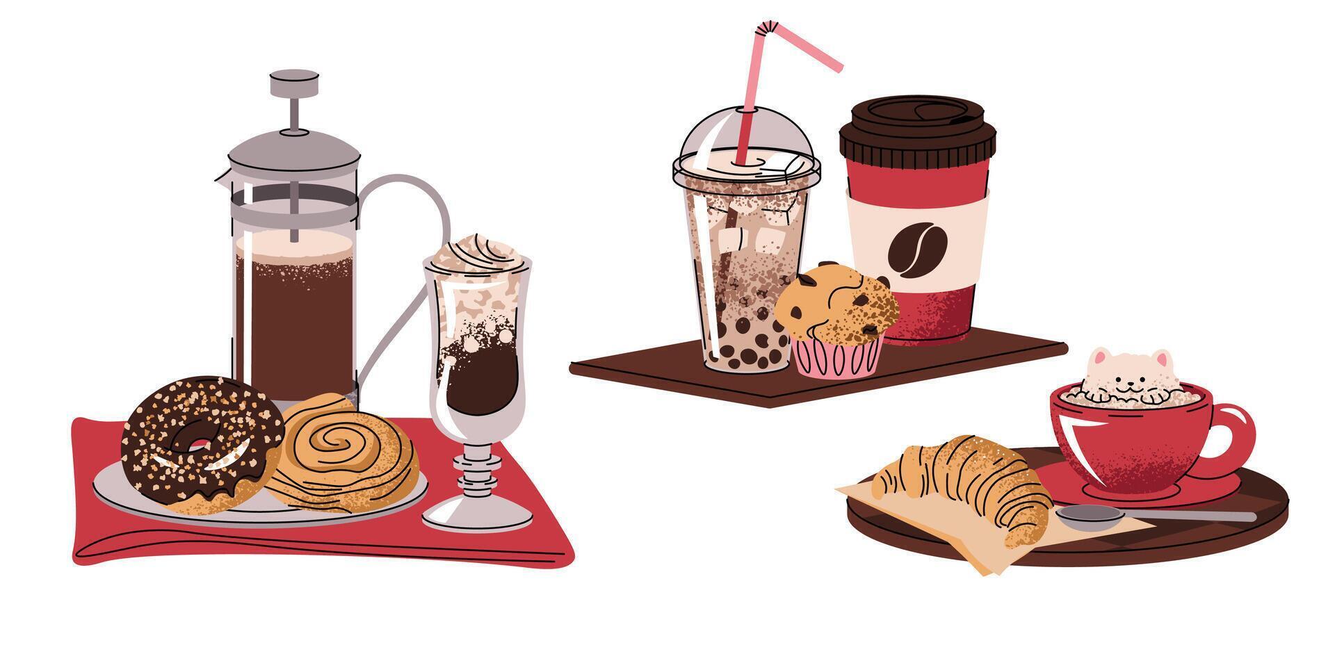 Set of illustrations of a perfect breakfast. Coffee drink with dessert in flat cartoon style. Tasty composition for menu, sticker, postcard, etc vector