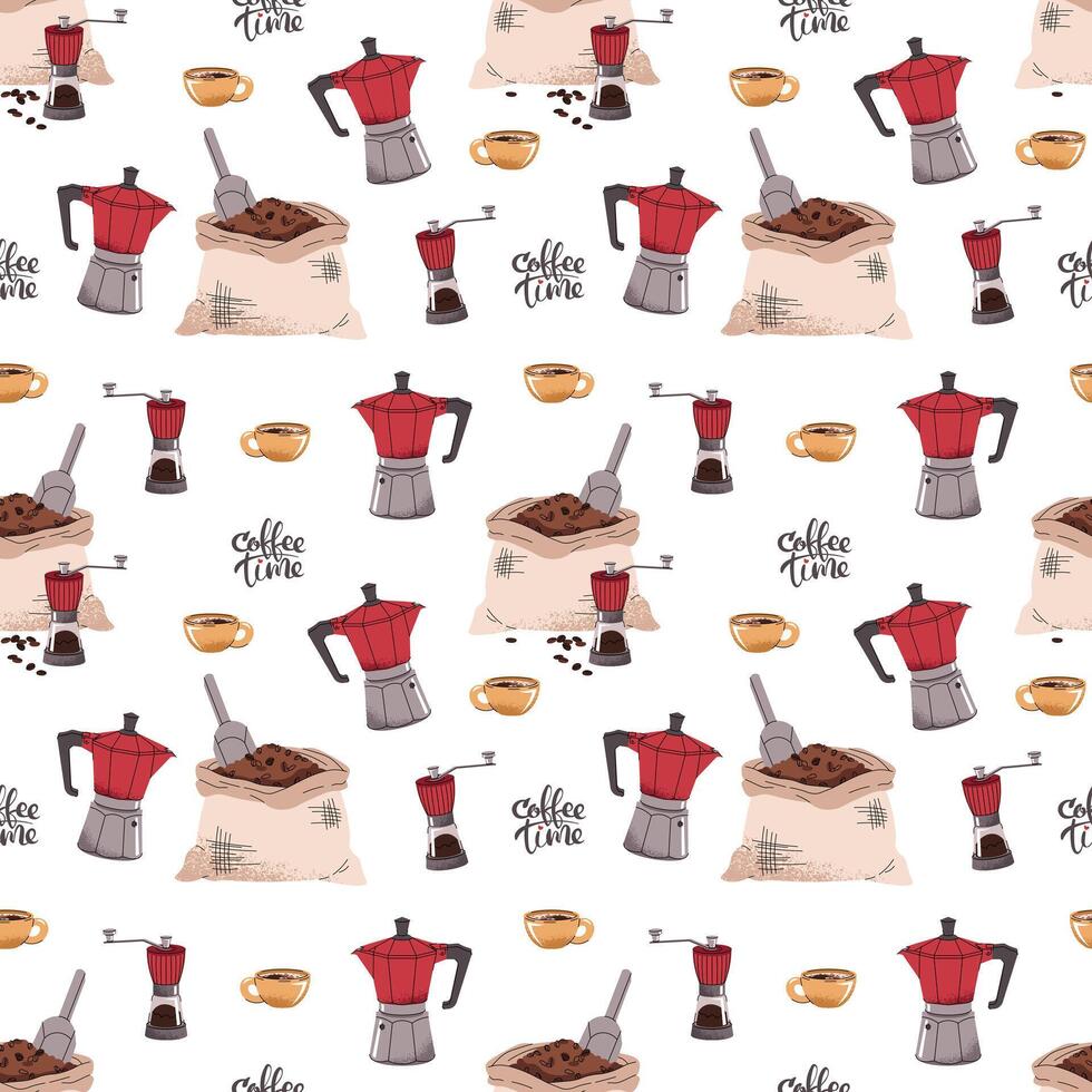Seamless pattern with coffee bag, moka pot, coffee grinder. Repeating texture with coffee accessories and tools. Barista tools. Coffee time. Suitable for textile, wallpaper vector