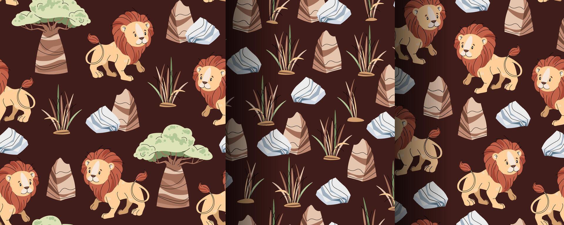Set of Seamless Patterns with African Animals. Cute children s texture with lion, stone and grass. illustration for children s wallpapers, backgrounds, fabric, etc. vector