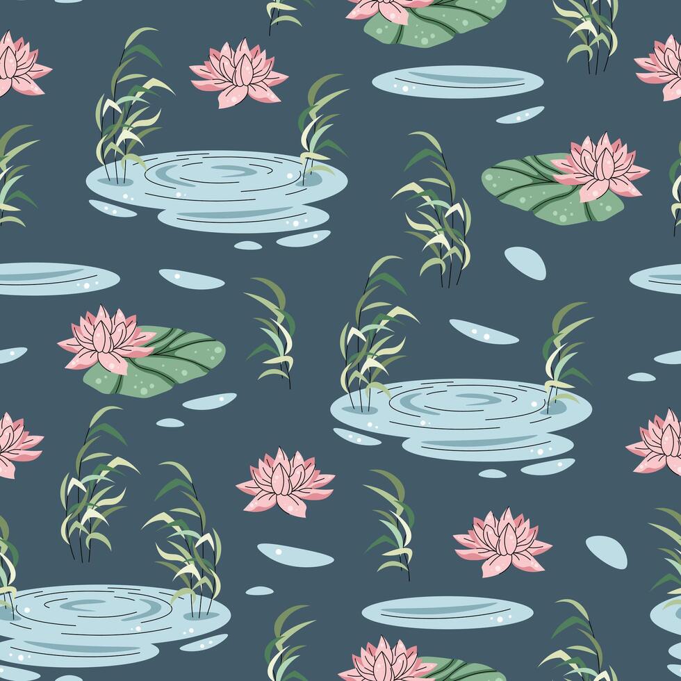Seamless pattern with pond and reeds. Cute childish texture from a water lily pond. illustration for children s wallpapers, background vector