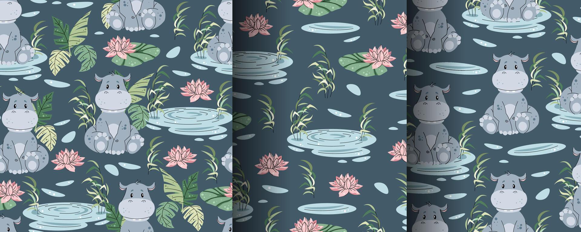 Seamless pattern with African animals. Cute children s texture with hippopotamus in a pond with lily. illustration for children s wallpapers, backgrounds, fabric, etc. vector