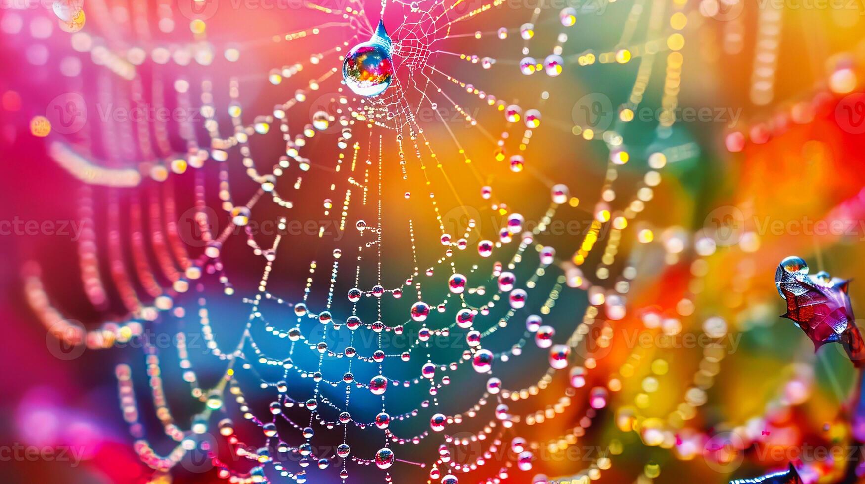 Colorful dewdrop-covered spider web against a vibrant, out-of-focus background, creating a mesmerizing, nature-inspired piece of art. photo