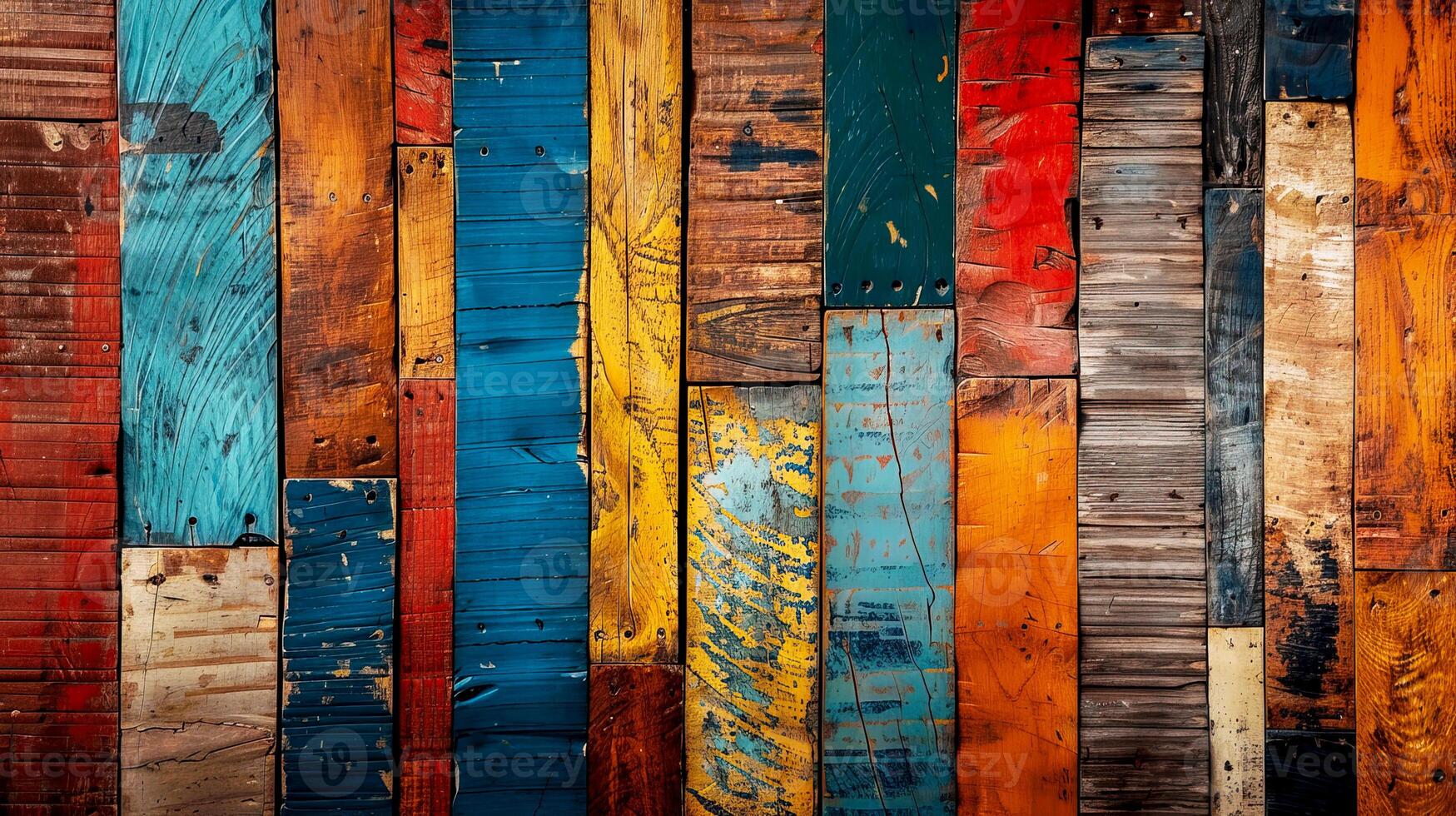 Vibrant wooden planks in varying colors create a rustic, artistic backdrop perfect for design and decor projects. photo