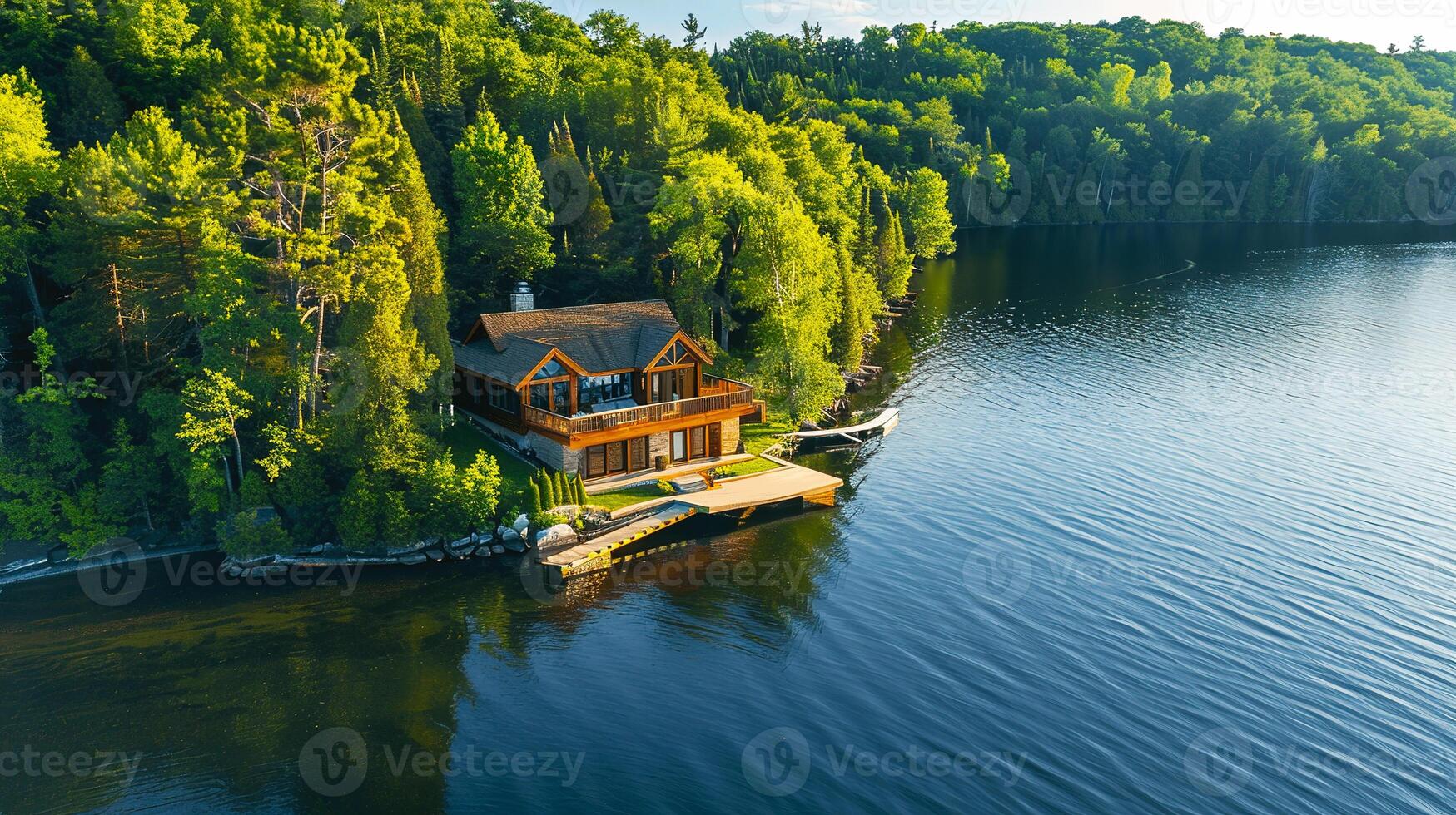 Aerial view of a lakeside cabin surrounded by dense forest with a calm lake in the foreground, a perfect secluded getaway in nature. photo