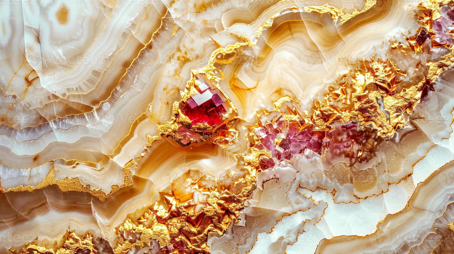 Close-up of a colorful, intricate mineral crystal formation with yellow, orange, and red hues. Detailed natural texture and patterns. photo