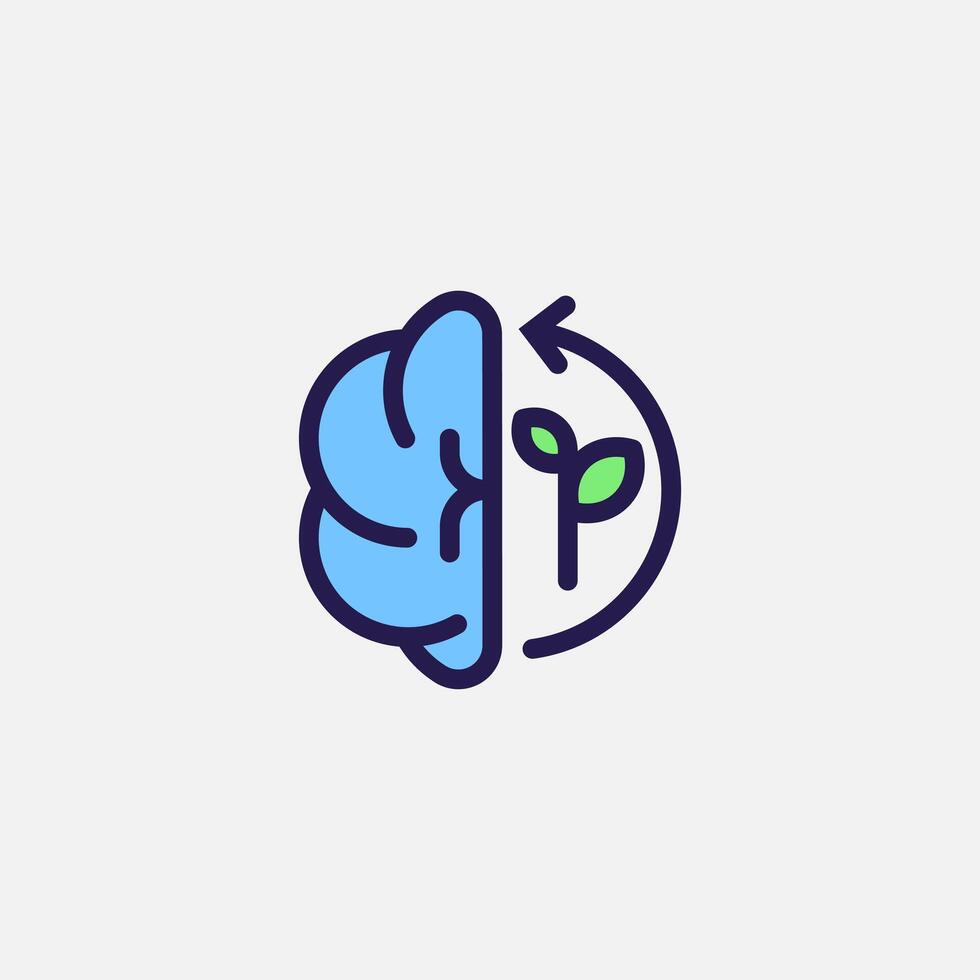 Eco brain with leaf and looping arrow icon flat, free energy, ecology, renewable and green energy concept. Outline and filled colourful icon. vector