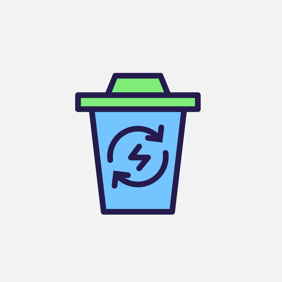 Trash can and recycle energy icon flat, free energy, ecology, renewable and green energy concept. Outline and filled colourful icon. vector
