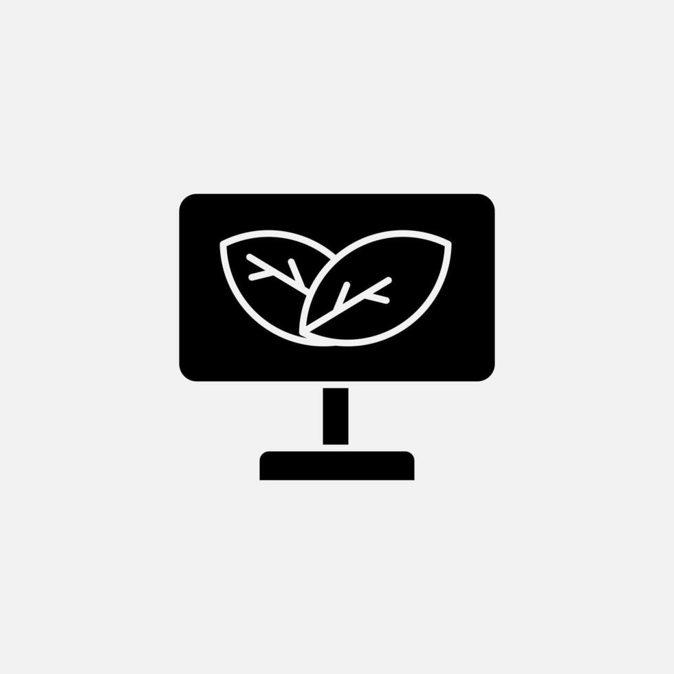 Computer from recycle materials and leaf icon glyph, free energy, ecology, renewable and green energy concept. Solid black icon. vector