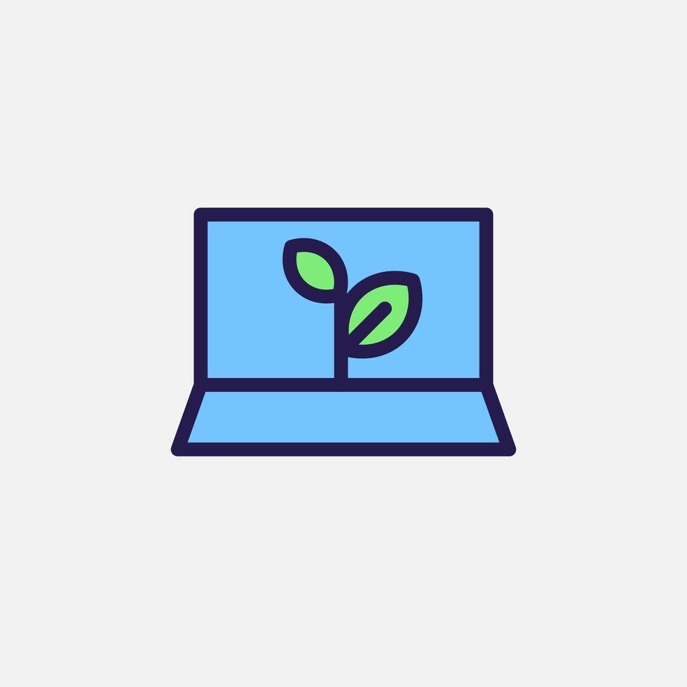 laptop from recycle materials and sprout leaf icon flat, free energy, ecology, renewable and green energy concept. Outline and filled colourful icon. vector