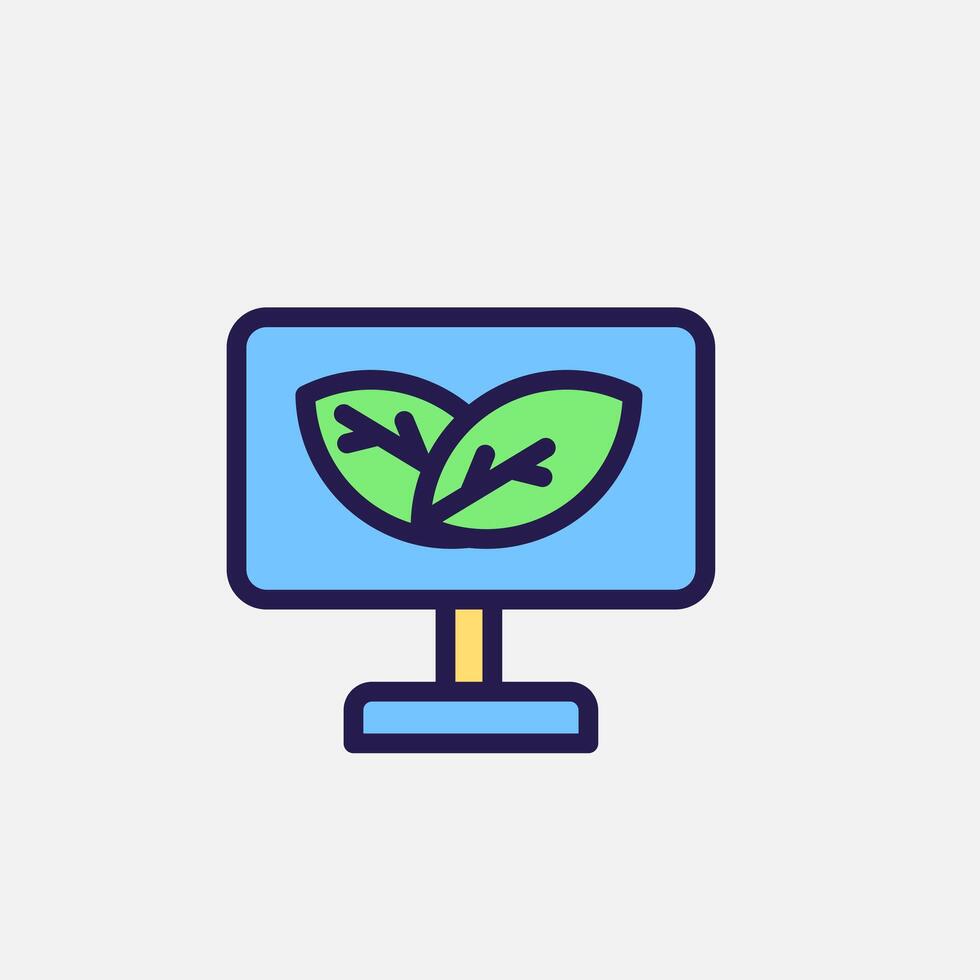 Computer from recycle materials and leaf icon flat, free energy, ecology, renewable and green energy concept. Outline and filled colourful icon. vector