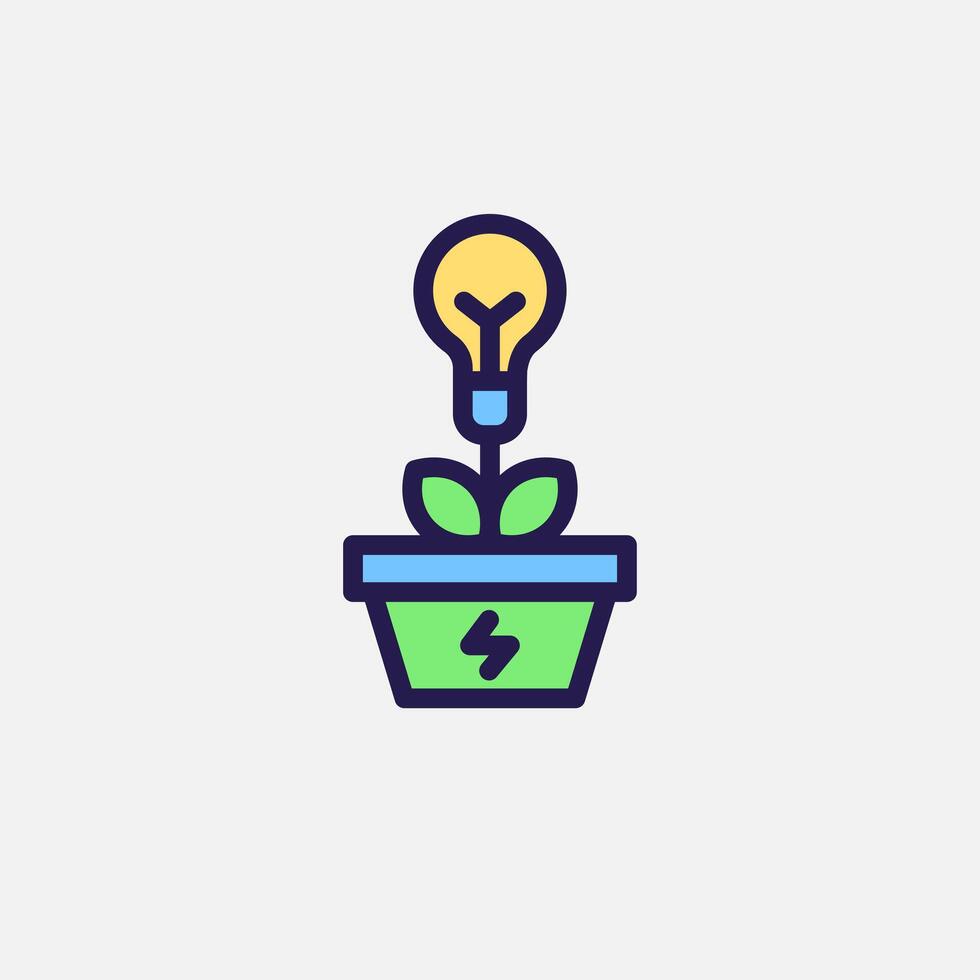 Bulb and plant in a pot icon flat, free energy, ecology, renewable and green energy concept. Outline and filled colourful icon. vector