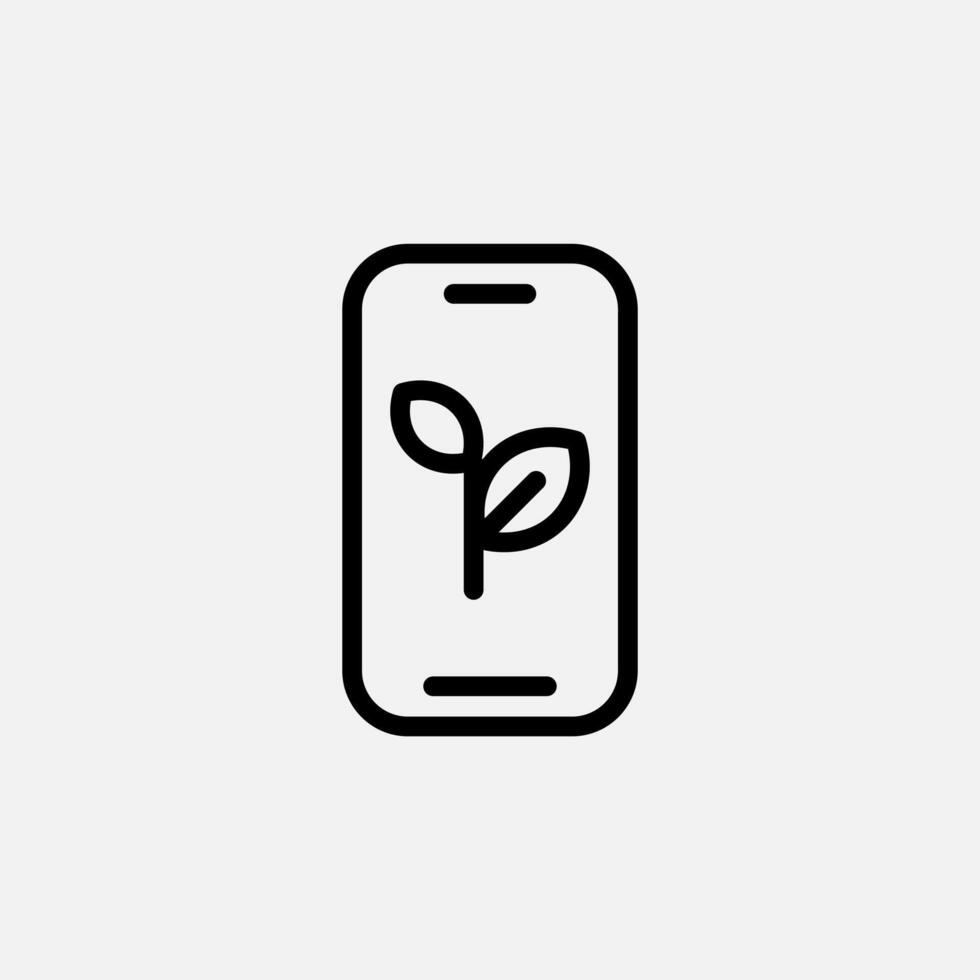 Eco phone from recycle materials and leaf icon line, free energy, ecology, renewable and green energy concept. Linear and lineart icon. vector