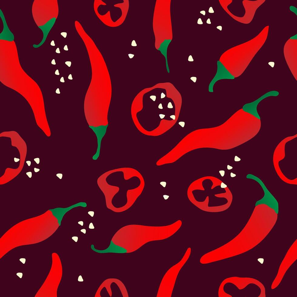 Seamless pattern with hand drawn red chili pepper on brown background. Design for fabric, kitchen decor, wallpaper packaging paper. vector