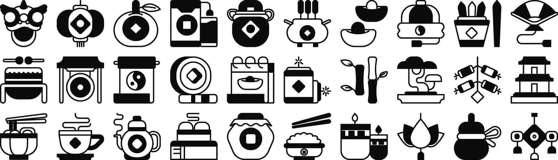 Modern monochrome semi solid icon set for lunar new year events vector