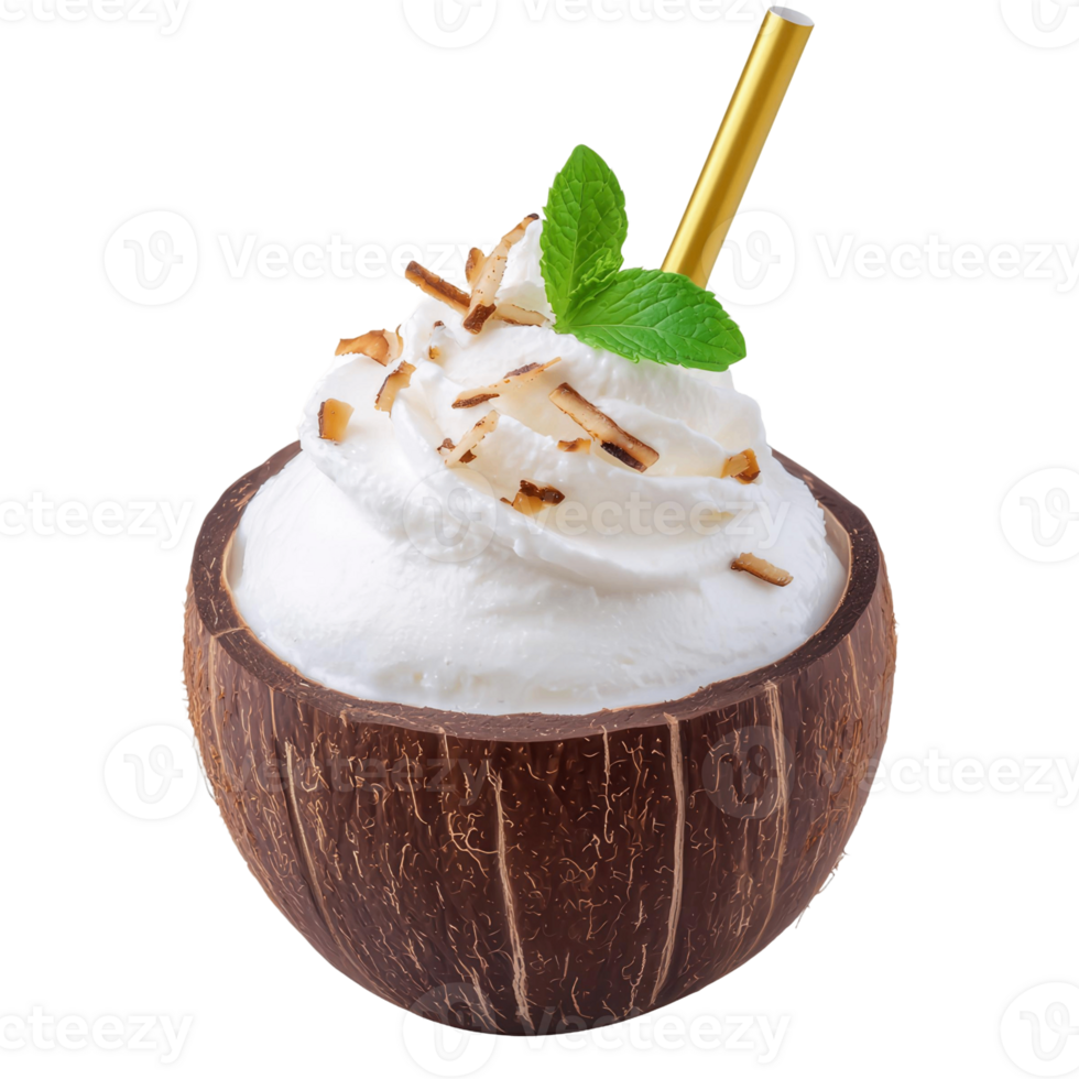 Luxurious coconut mocktail topped with whipped cream and mint leaves png