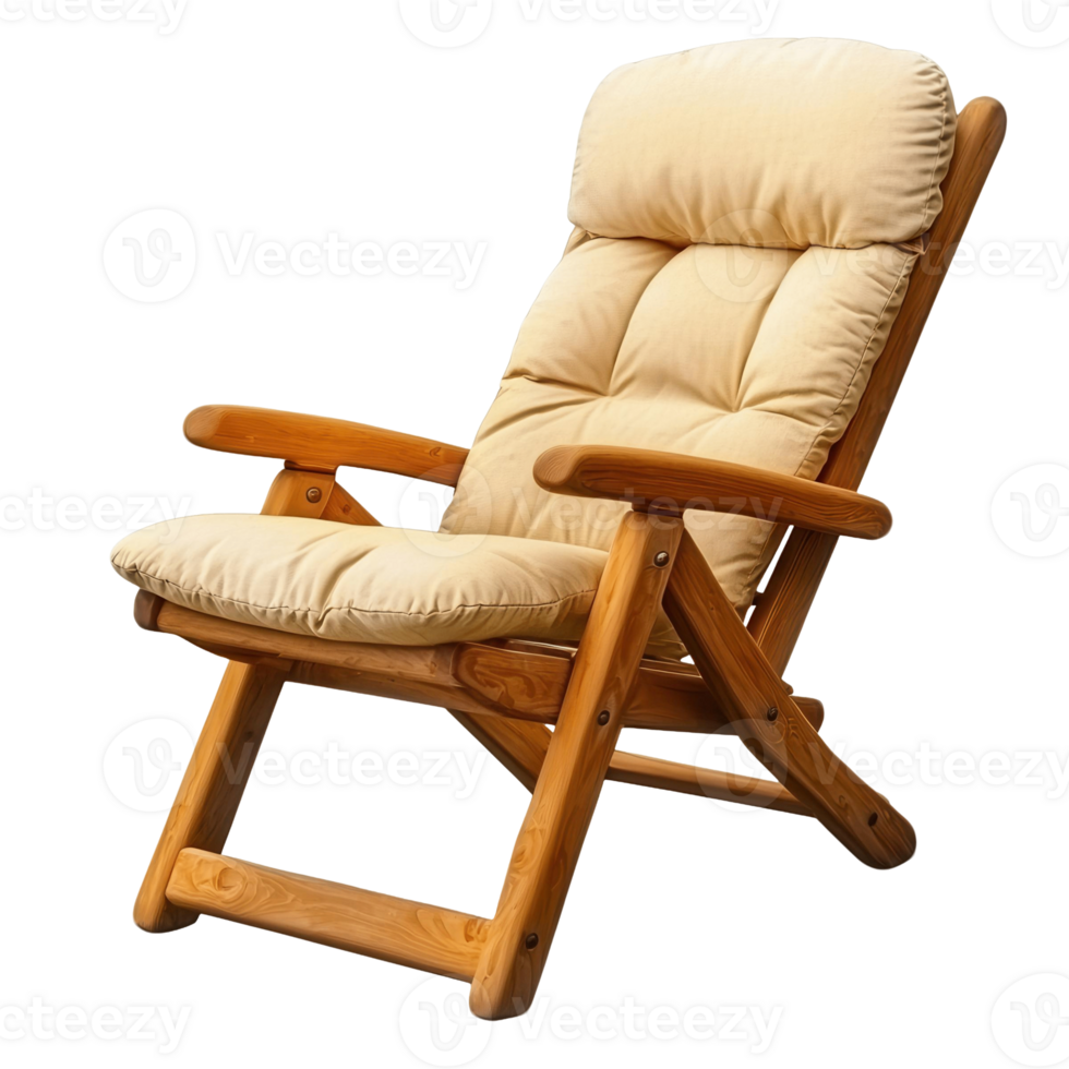 Comfortable foldable wooden beach chair with soft cushions for relaxation png