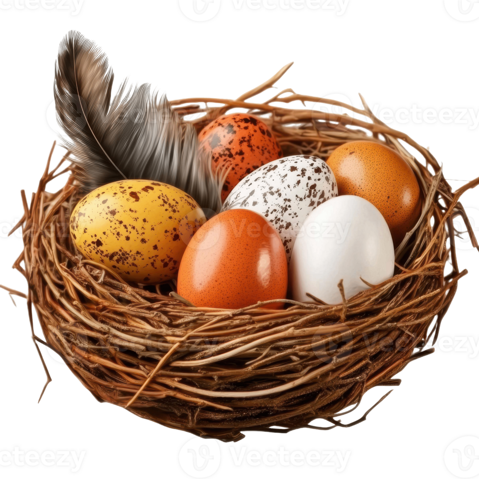 rustic nest filled with colorful Easter eggs and feather, symbolizing spring png
