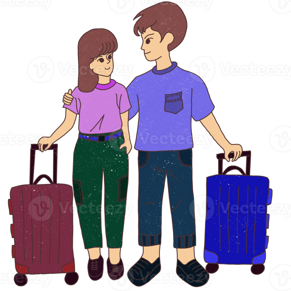 Hand drawn the loving couple holding luggage ,illustration transparent background png