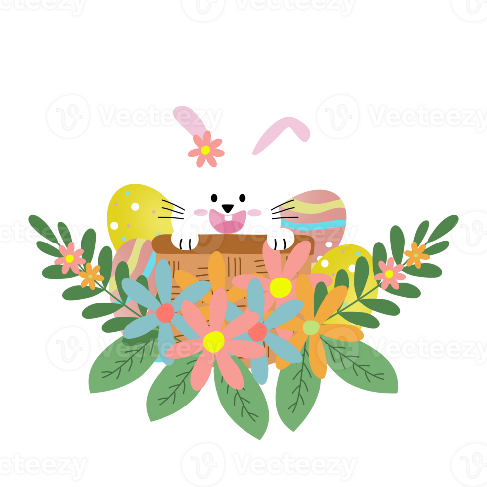 colorful eggs with flowers and cute bunny ,easter day style png